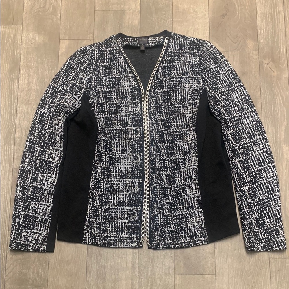 Womens Rafaella Open‎ Front Silver Chain Trim Black White Blazer Jacket